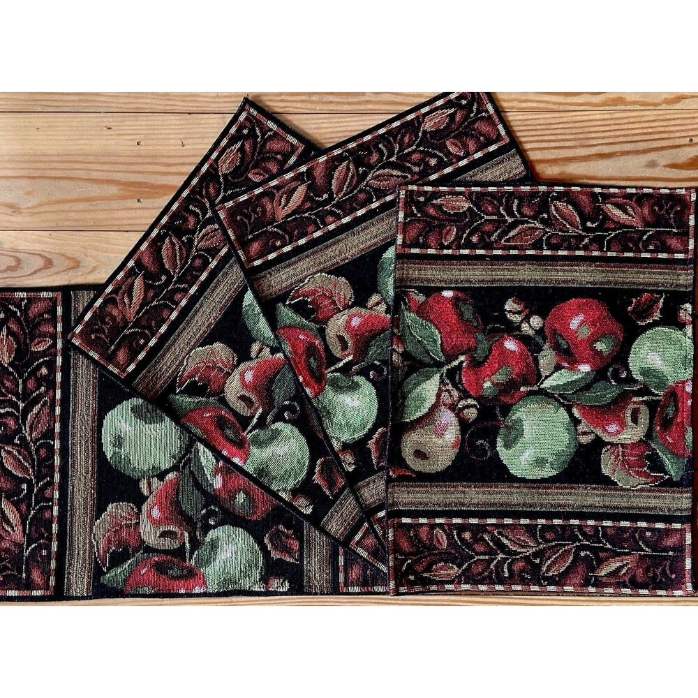 Vintage Tapestry Placemats Set Fruit Floral Pattern 4 Pieces Woven Textile